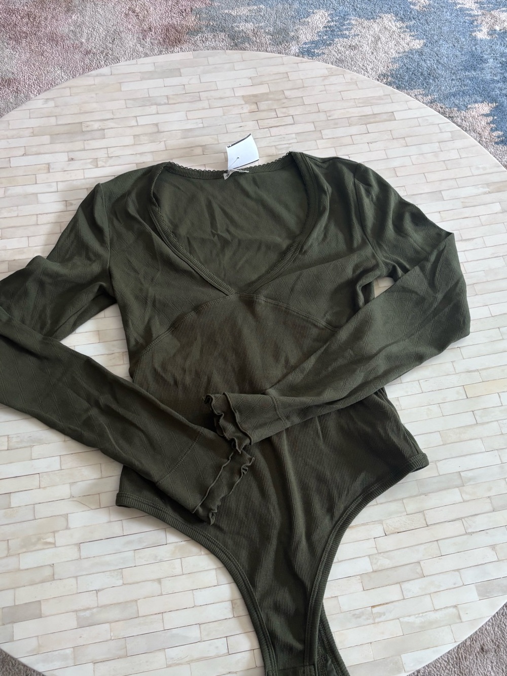 Free People Olive Green Long Sleeve V-Neck Ribbed Bodysuit